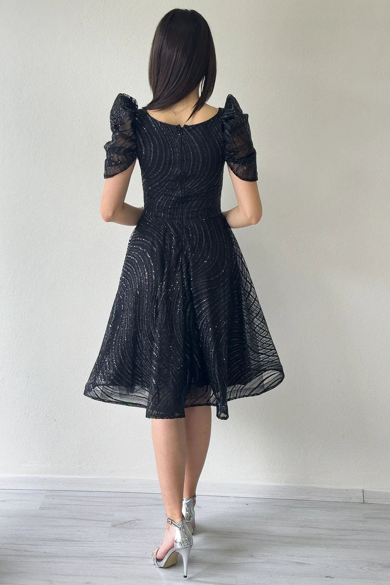 Siyah Volanlı Kare Yaka Karpuz Kol Kloş Abiye Elbise