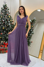 Kadın Koyu Lila Sıfır Kol Transparan Detay Abiye Elbise