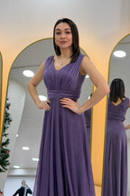 Kadın Koyu Lila Sıfır Kol Transparan Detay Abiye Elbise