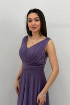 Kadın Koyu Lila Sıfır Kol Transparan Detay Abiye Elbise