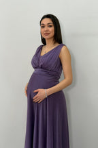 Kadın Koyu Lila Sıfır Kol Transparan Detay Abiye Elbise