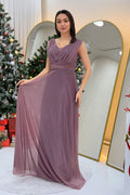 Kadın Mor Sıfır Kol Transparan Detay Abiye Elbise