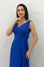 Saks Mavisi Sıfır Kol Transparan Detay Abiye Elbise