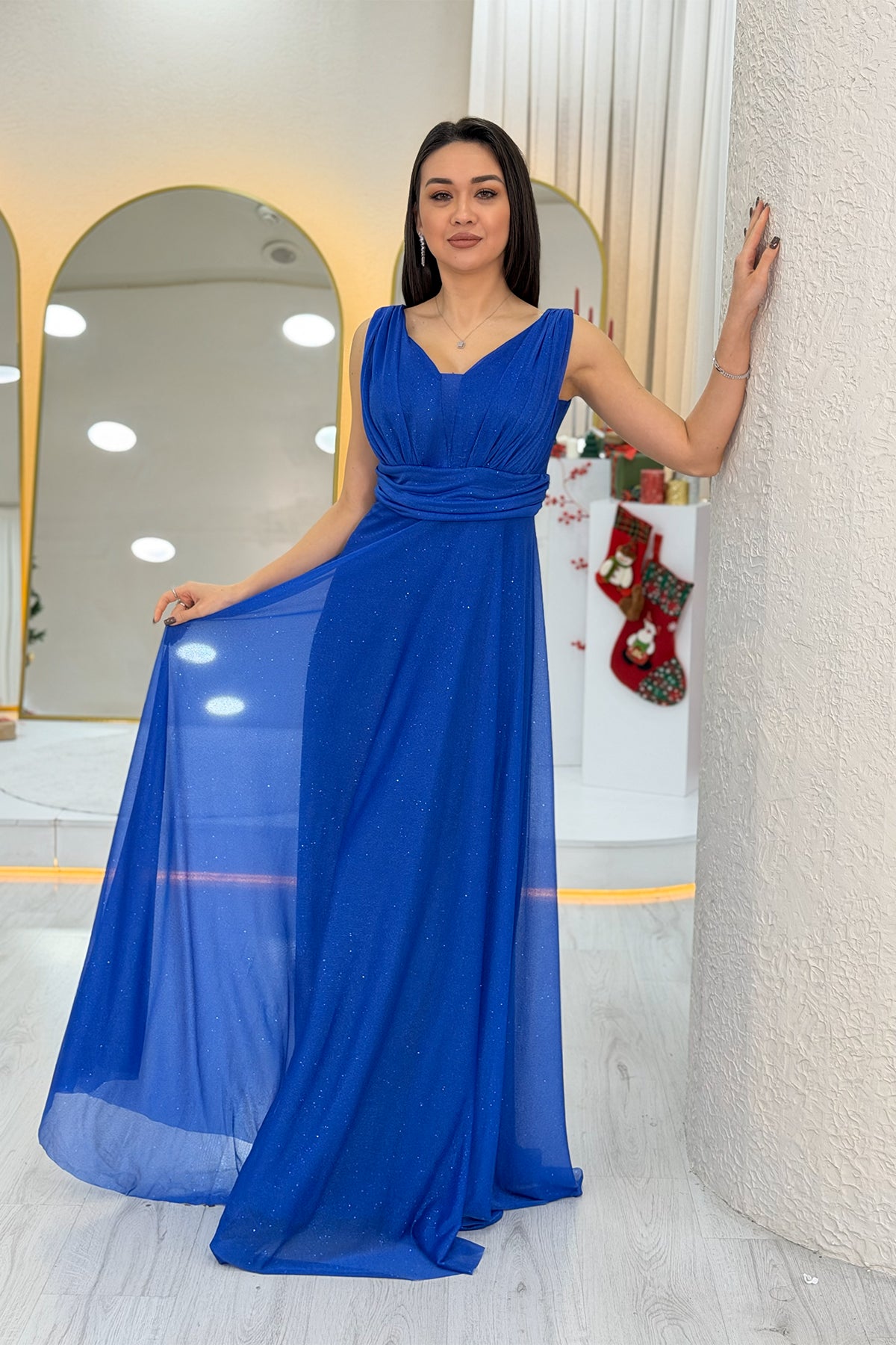 Saks Mavisi Sıfır Kol Transparan Detay Abiye Elbise