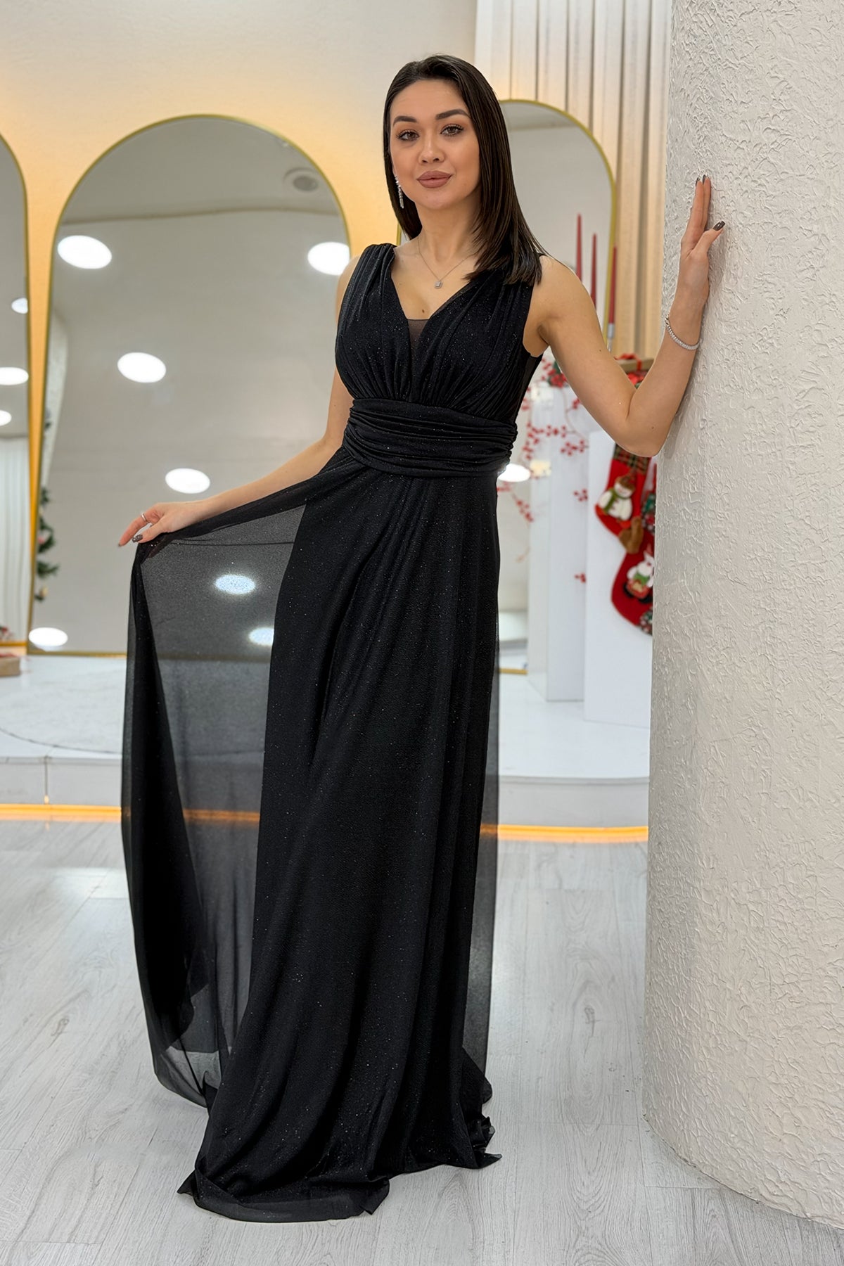 Siyah Sıfır Kol Transparan Detay Abiye Elbise