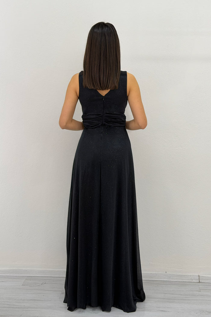 Siyah Sıfır Kol Transparan Detay Abiye Elbise