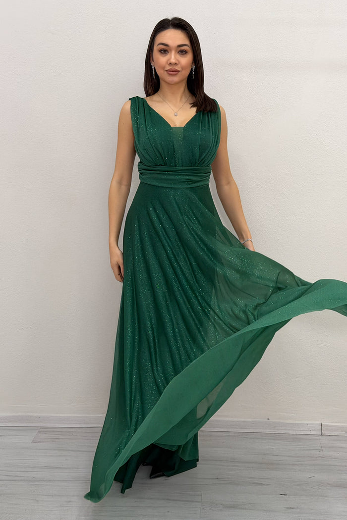 Zümrüt Yeşili Sıfır Kol Transparan Detay Abiye Elbise
