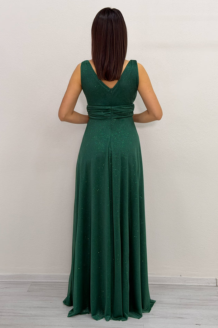 Zümrüt Yeşili Sıfır Kol Transparan Detay Abiye Elbise