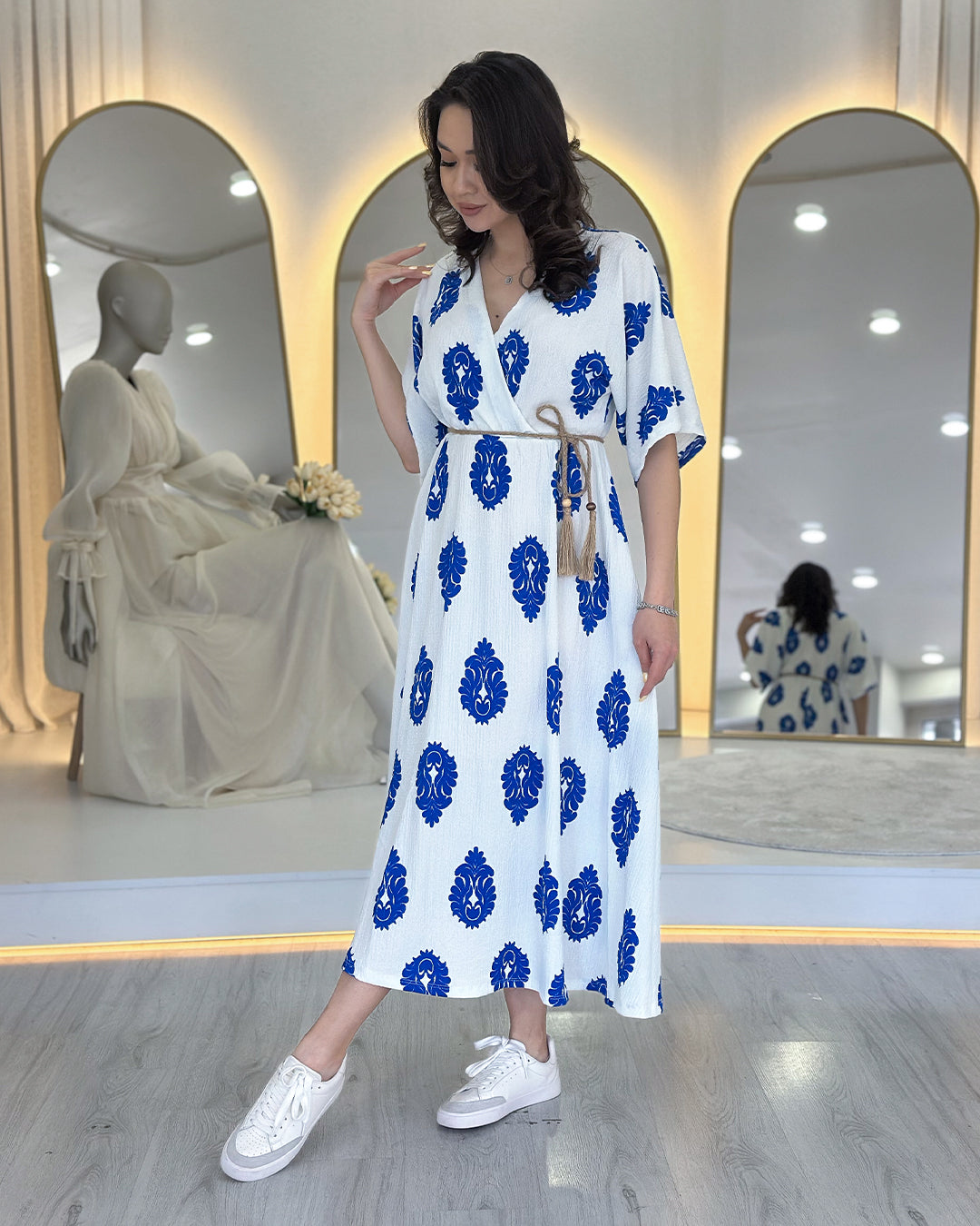 Women's White Patterned Straw Belted Summer Midi Dress – the ZKS