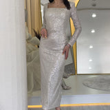 Bej Kare Yaka Pul Payet Abiye Elbise