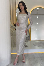 Bej Kare Yaka Pul Payet Abiye Elbise