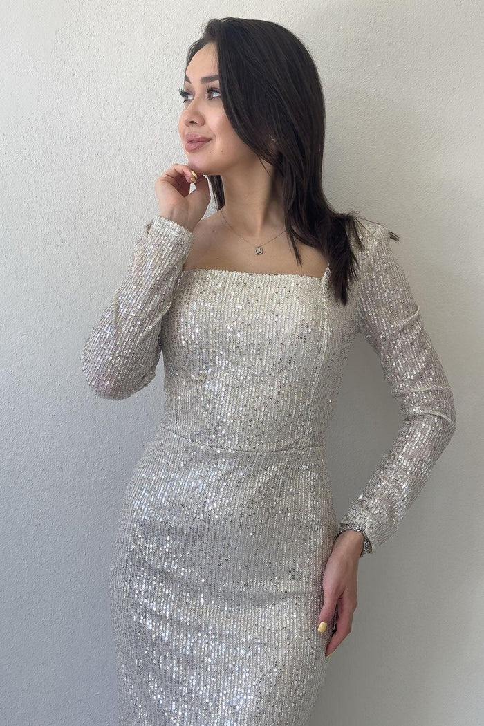 Bej Kare Yaka Pul Payet Abiye Elbise