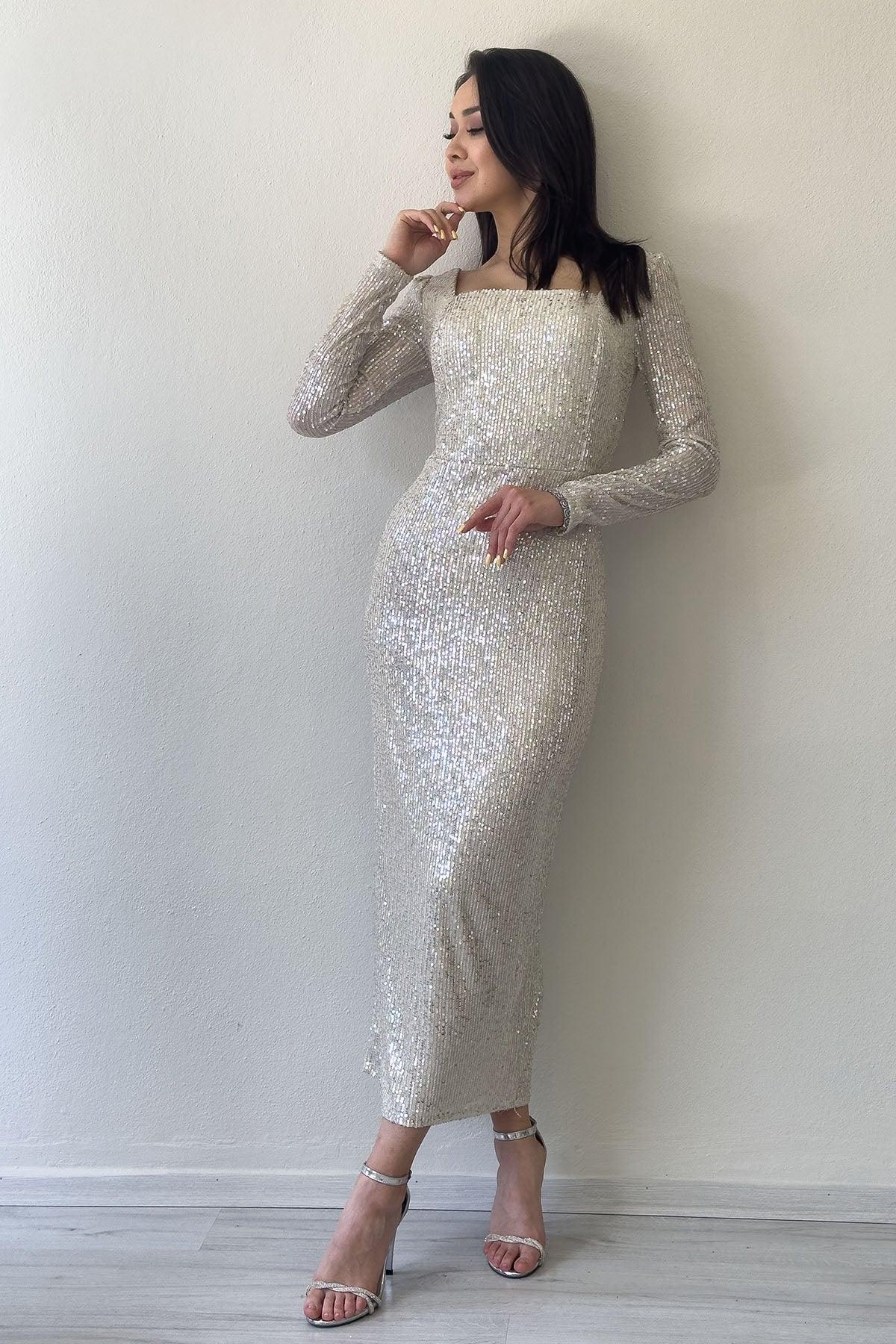 Bej Kare Yaka Pul Payet Abiye Elbise