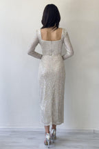 Bej Kare Yaka Pul Payet Abiye Elbise