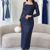 Lacivert Kare Yaka Pul Payet Abiye Elbise