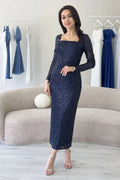 Lacivert Kare Yaka Pul Payet Abiye Elbise