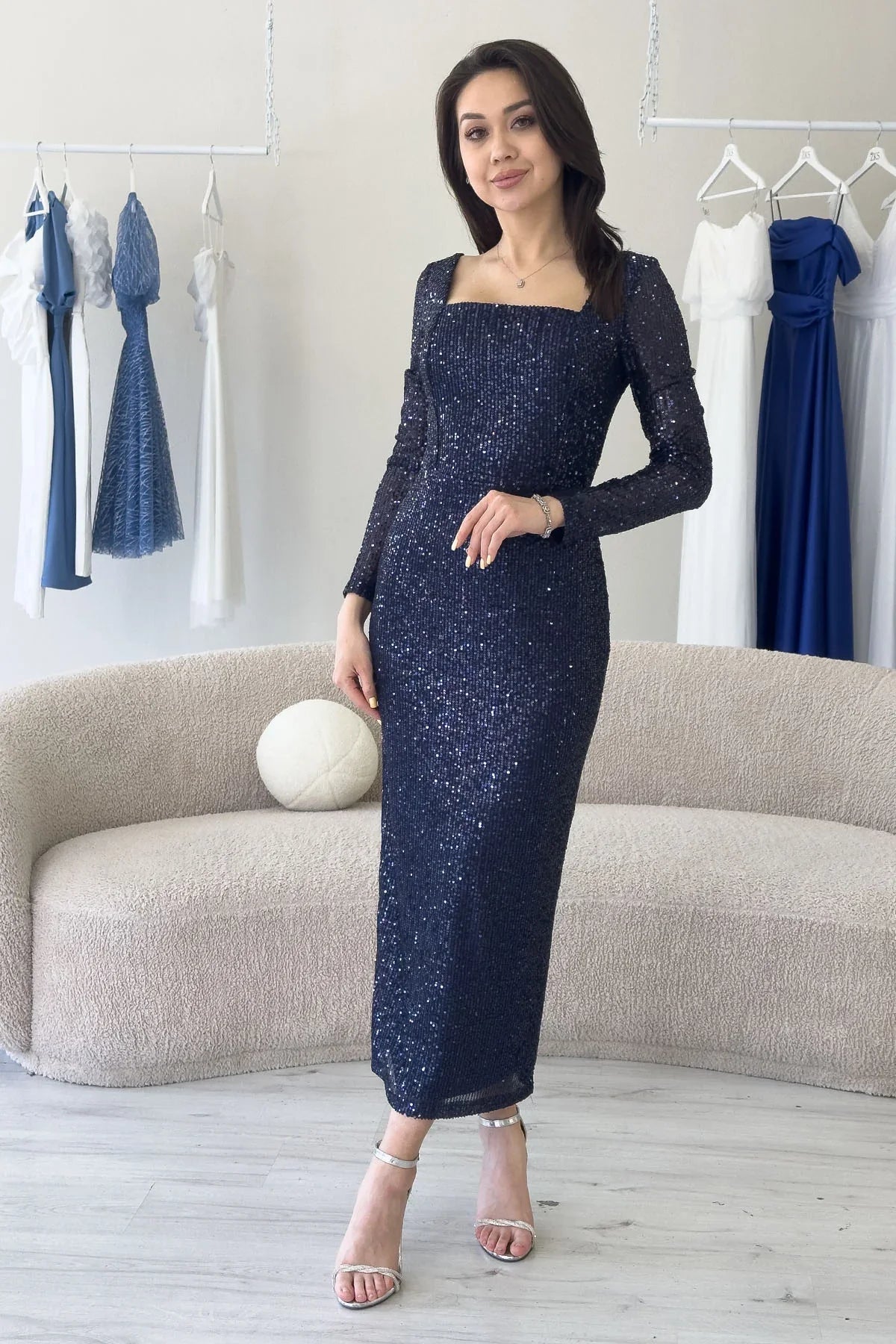 Lacivert Kare Yaka Pul Payet Abiye Elbise