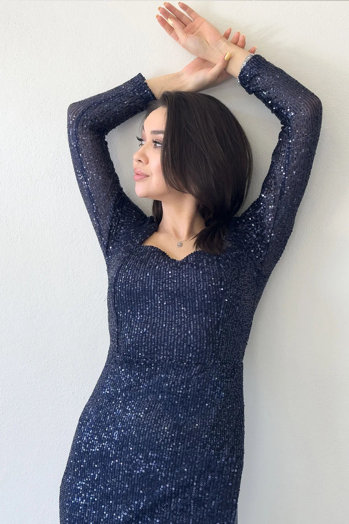 Lacivert Kare Yaka Pul Payet Abiye Elbise