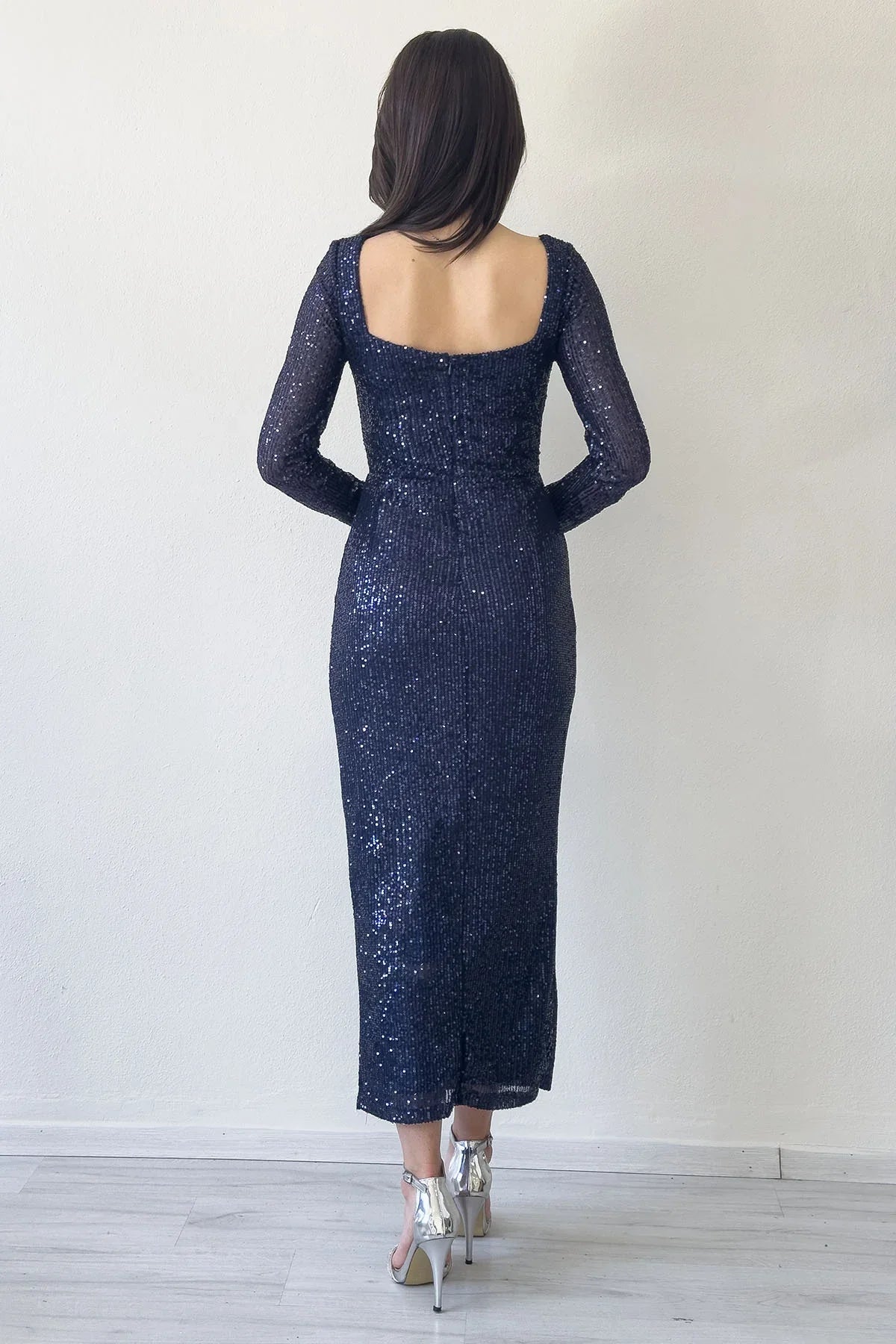 Lacivert Kare Yaka Pul Payet Abiye Elbise