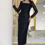 Siyah Kare Yaka Pul Payet Abiye Elbise