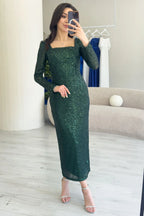 Zümrüt Yeşili Kare Yaka Pul Payet Abiye Elbise