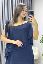 Kadın Lacivert Tek Omuz Bağlamalı Şifon Büyük Beden Elbise

