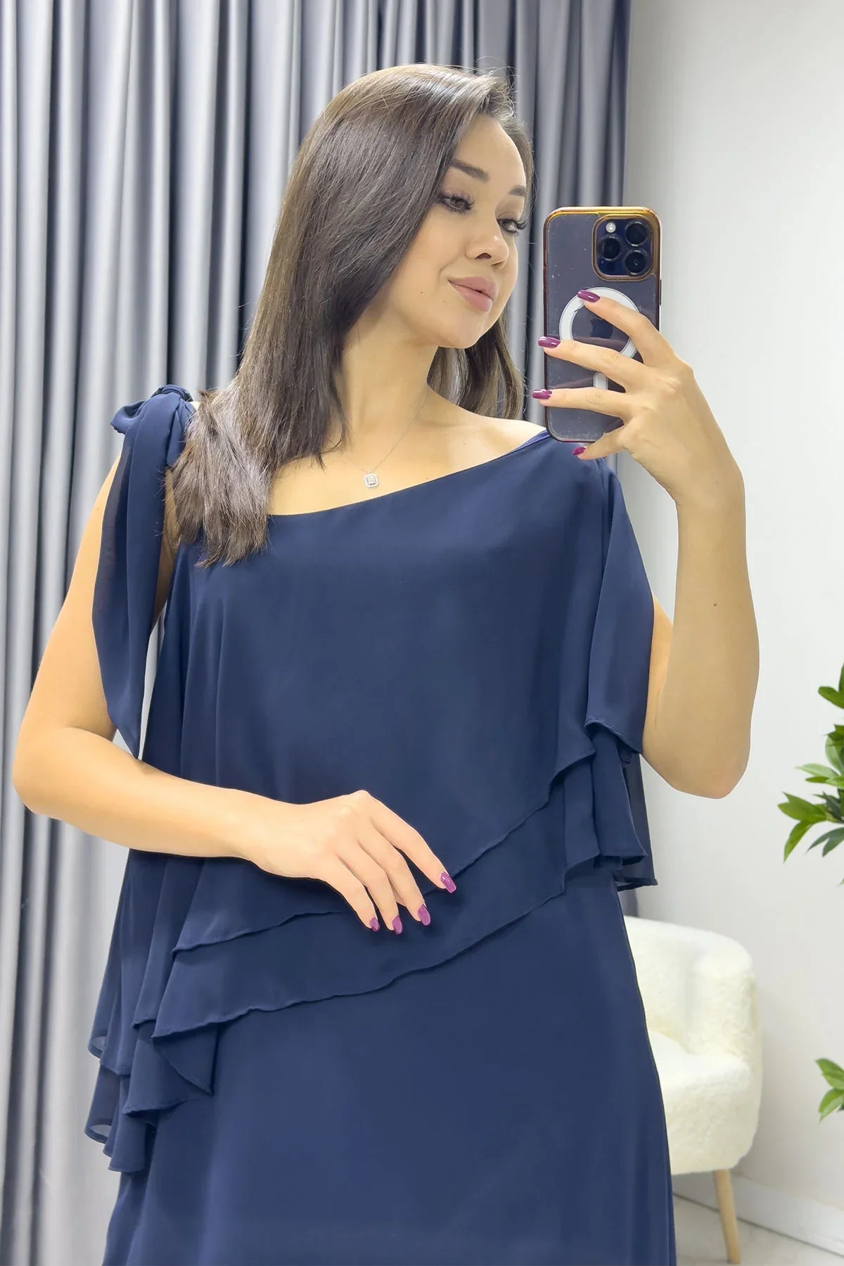 Kadın Lacivert Tek Omuz Bağlamalı Şifon Büyük Beden Elbise

