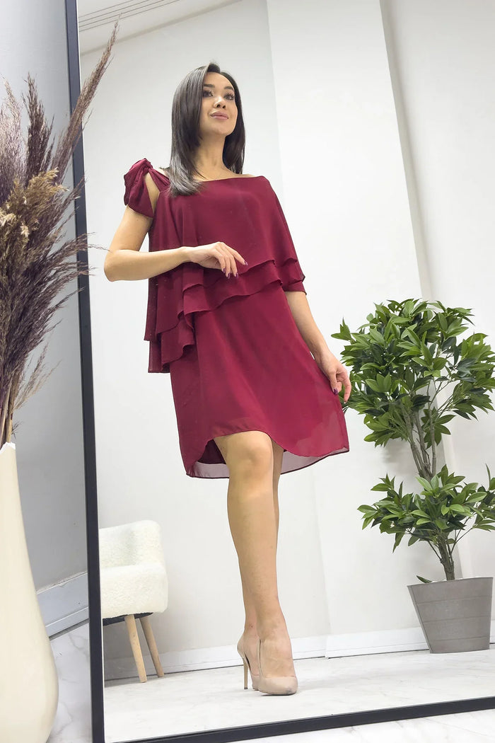 Kadın Bordo Tek Omuz Bağlamalı Şifon Büyük Beden Elbise