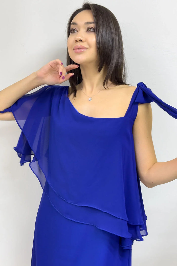 Kadın Saks Mavisi Tek Omuz Bağlamalı Şifon Büyük Beden Elbise
