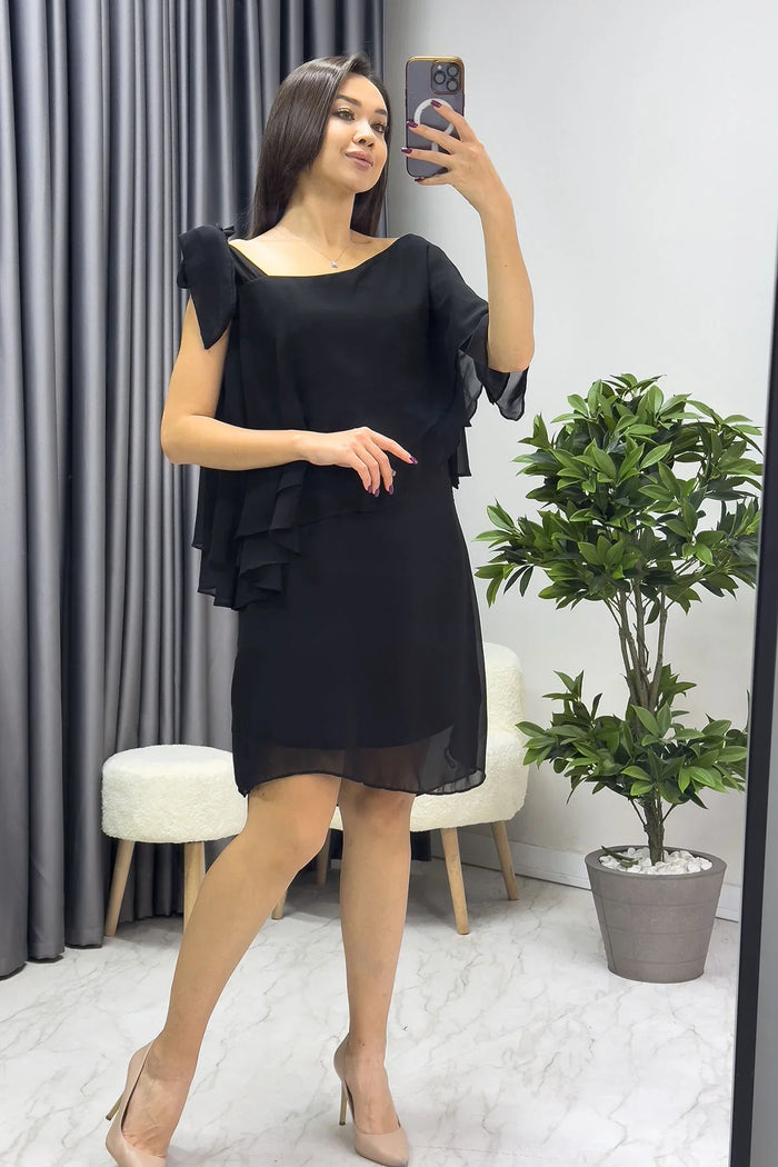 Kadın Siyah Tek Omuz Bağlamalı Şifon Büyük Beden Elbise

