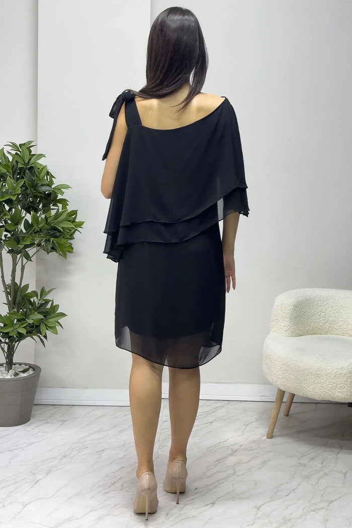 Kadın Siyah Tek Omuz Bağlamalı Şifon Büyük Beden Elbise

