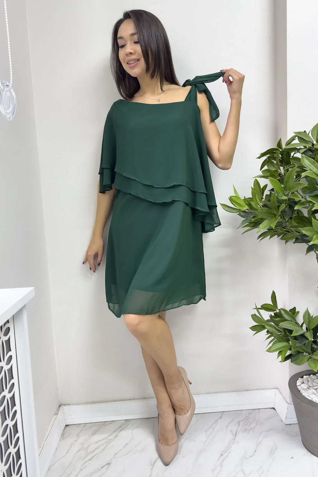 Kadın Zümrüt Yeşili Tek Omuz Bağlamalı Şifon Büyük Beden Elbise