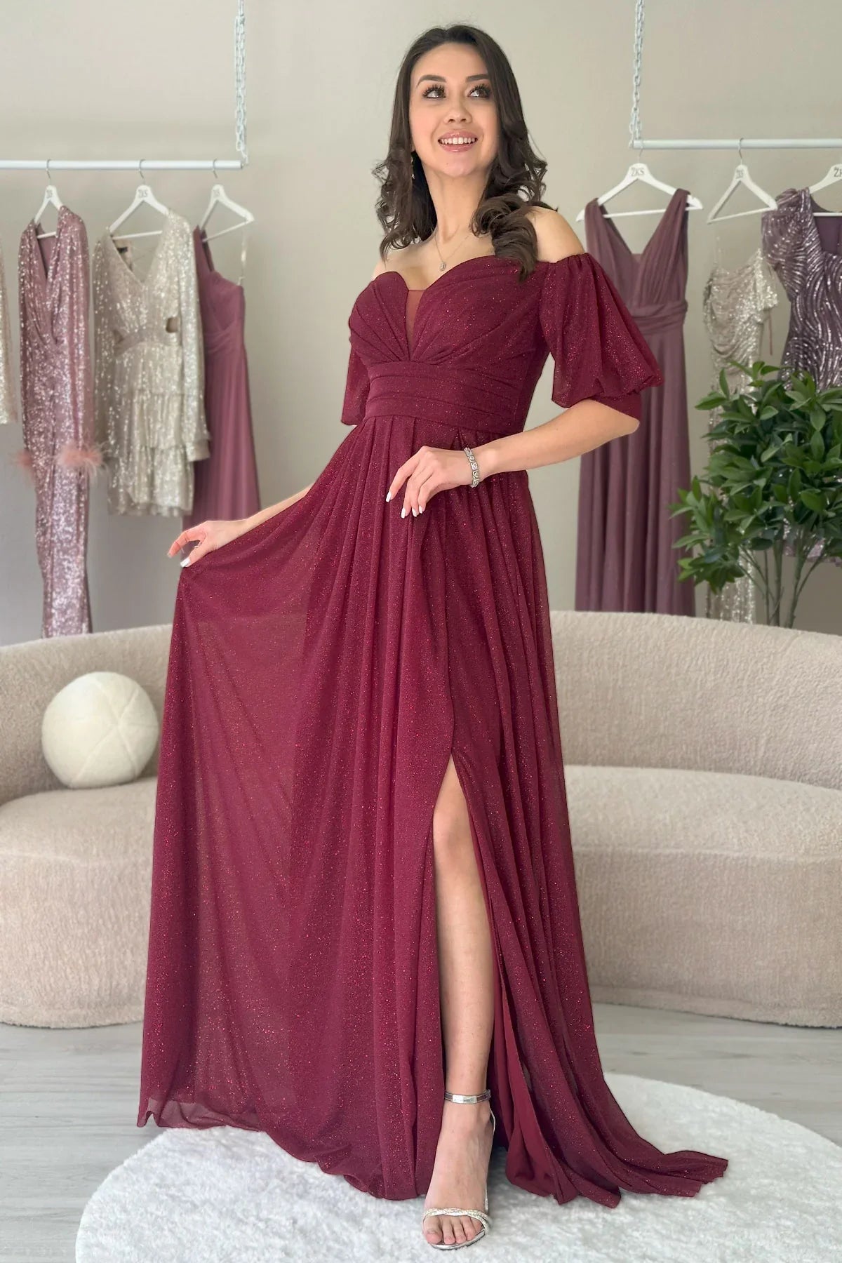 Kadın Bordo Kısa Kol Drapeli Abiye Elbise