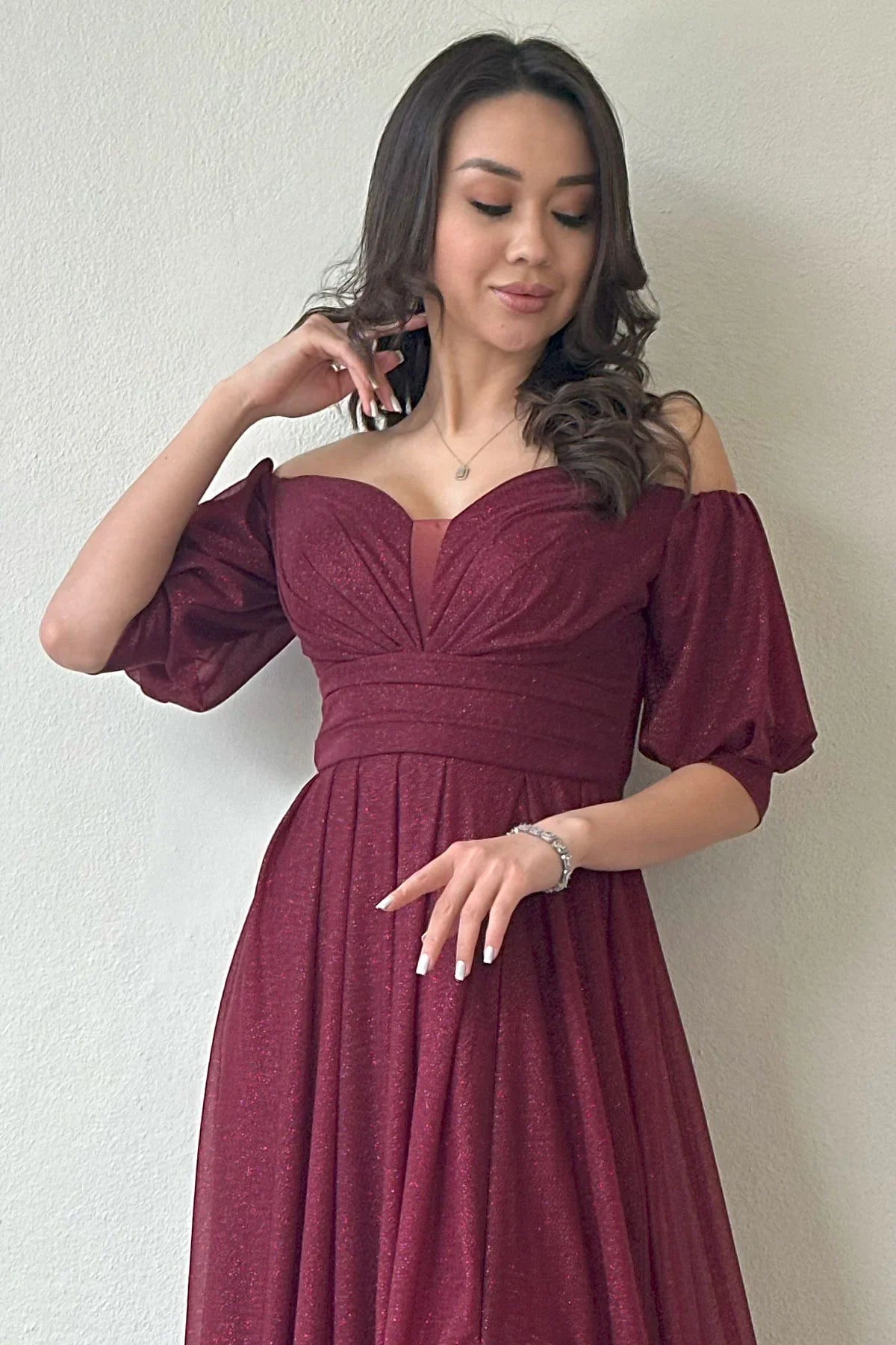 Kadın Bordo Kısa Kol Drapeli Abiye Elbise