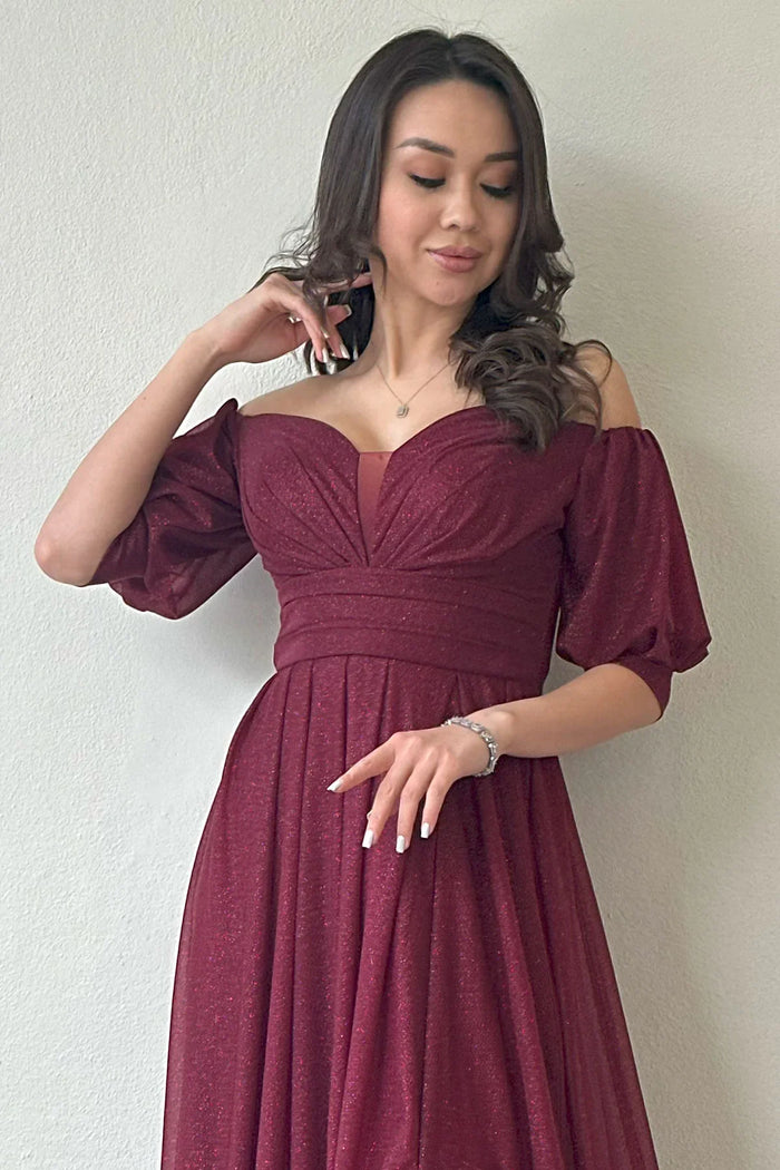 Kadın Bordo Kısa Kol Drapeli Abiye Elbise