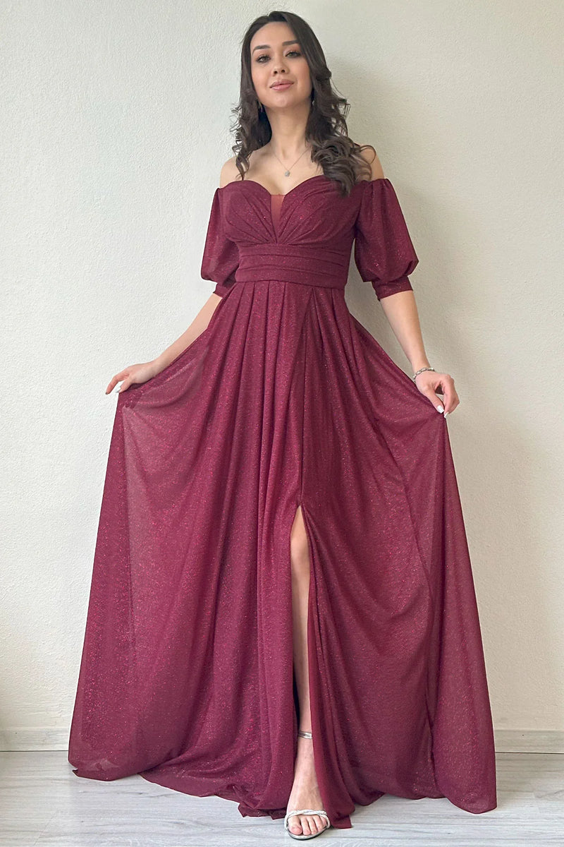 Kadın Bordo Kısa Kol Drapeli Abiye Elbise