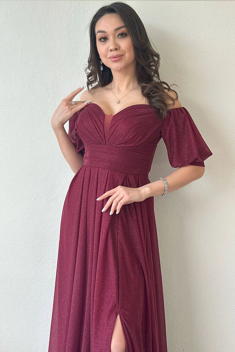 Kadın Bordo Kısa Kol Drapeli Abiye Elbisev