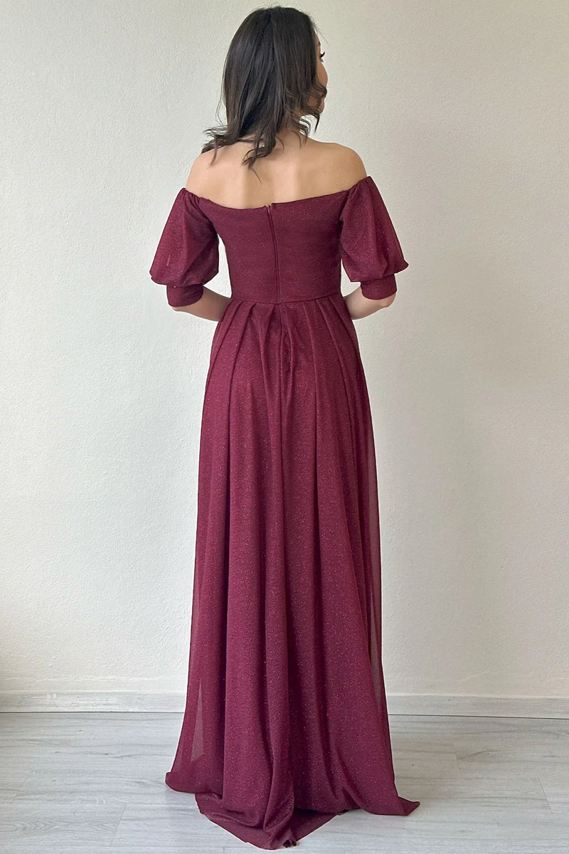 Kadın Bordo Kısa Kol Drapeli Abiye Elbise