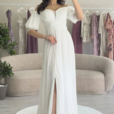 Kadın Beyaz Kısa Kol Drapeli Abiye Elbise