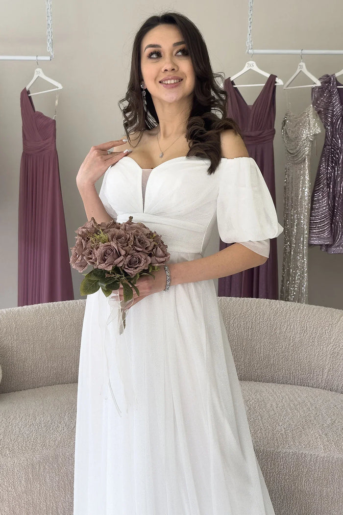 Kadın Beyaz Kısa Kol Drapeli Abiye Elbise