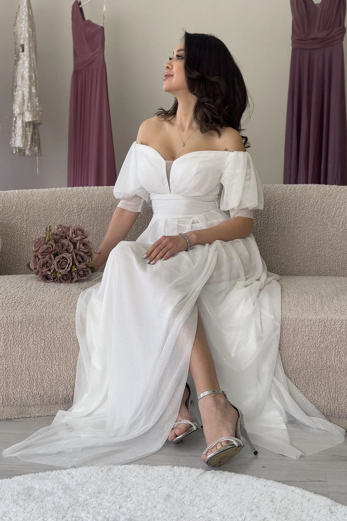 Kadın Beyaz Kısa Kol Drapeli Abiye Elbise