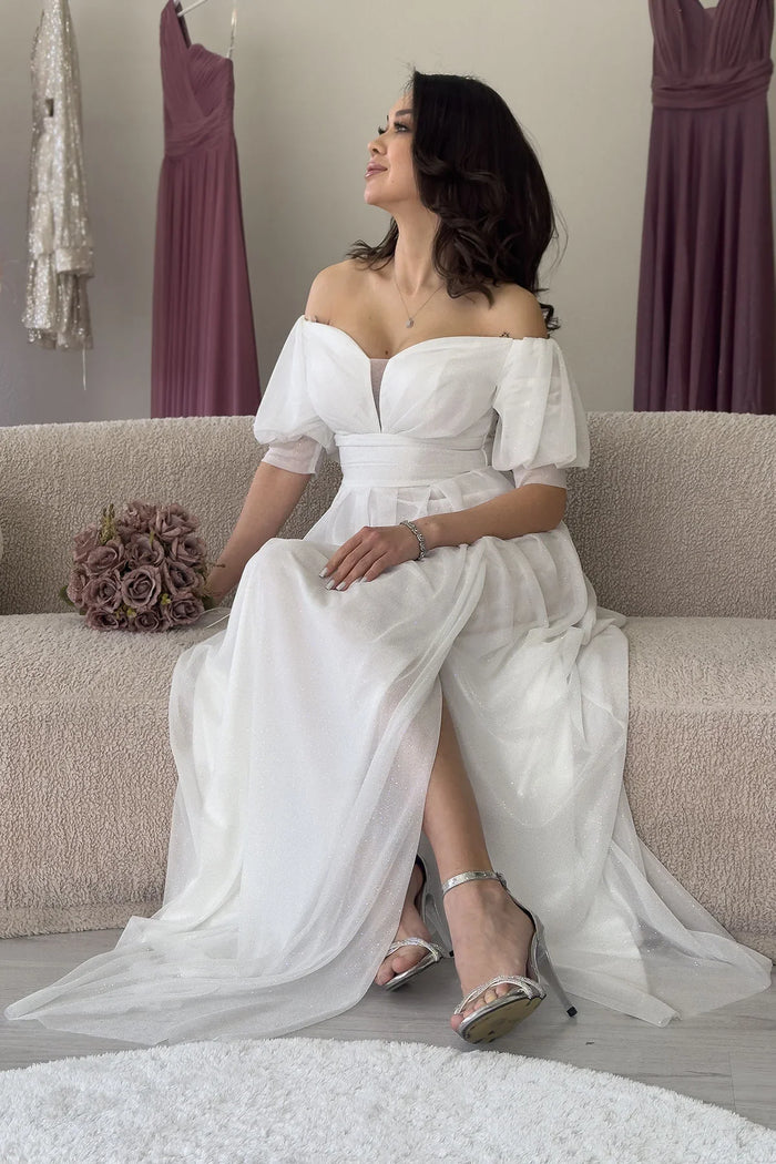 Kadın Beyaz Kısa Kol Drapeli Abiye Elbise