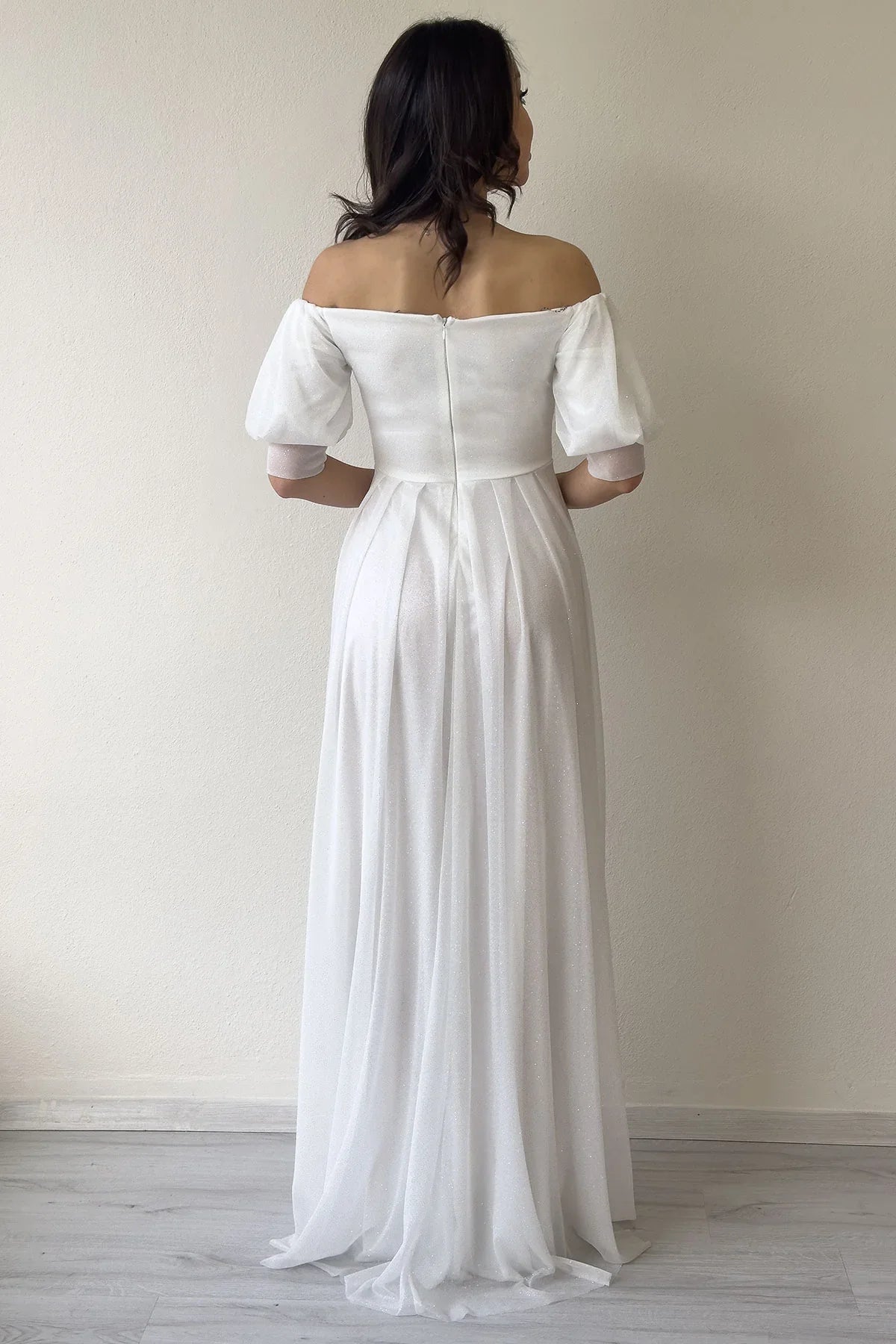 Kadın Beyaz Kısa Kol Drapeli Abiye Elbise