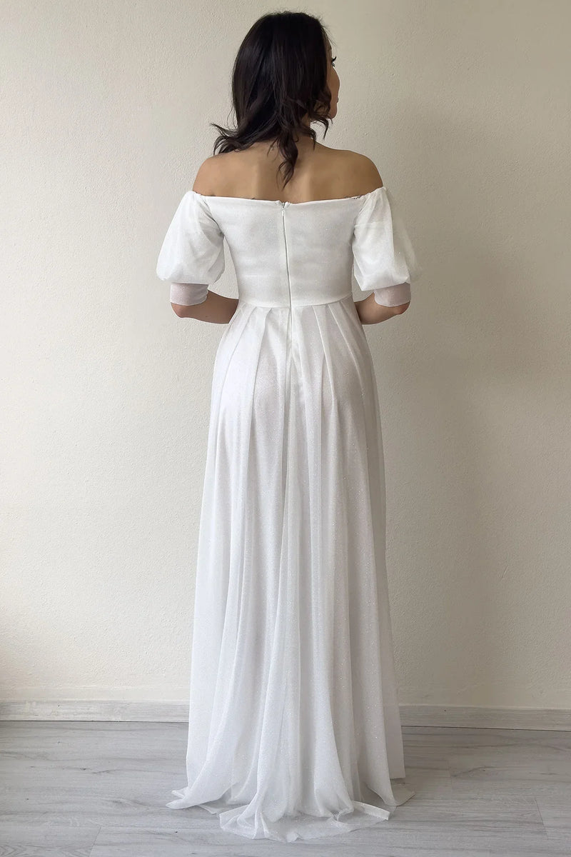 Kadın Beyaz Kısa Kol Drapeli Abiye Elbise