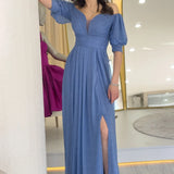 Kadın İndigo Kısa Kol Drapeli Abiye Elbise