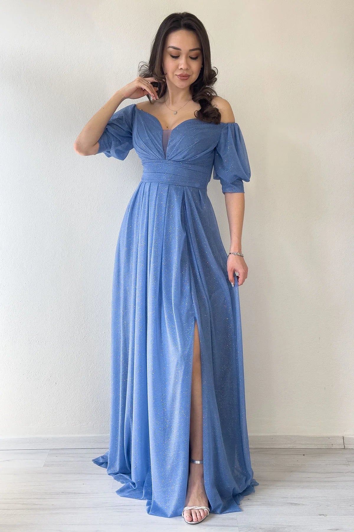 Kadın indigo Kısa Kol Drapeli Abiye Elbise