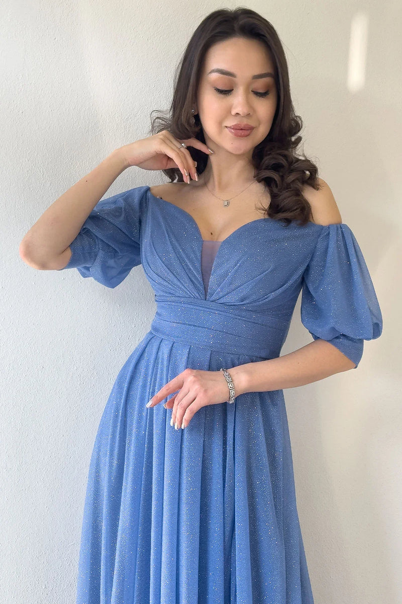 Kadın indigo Kısa Kol Drapeli Abiye Elbise