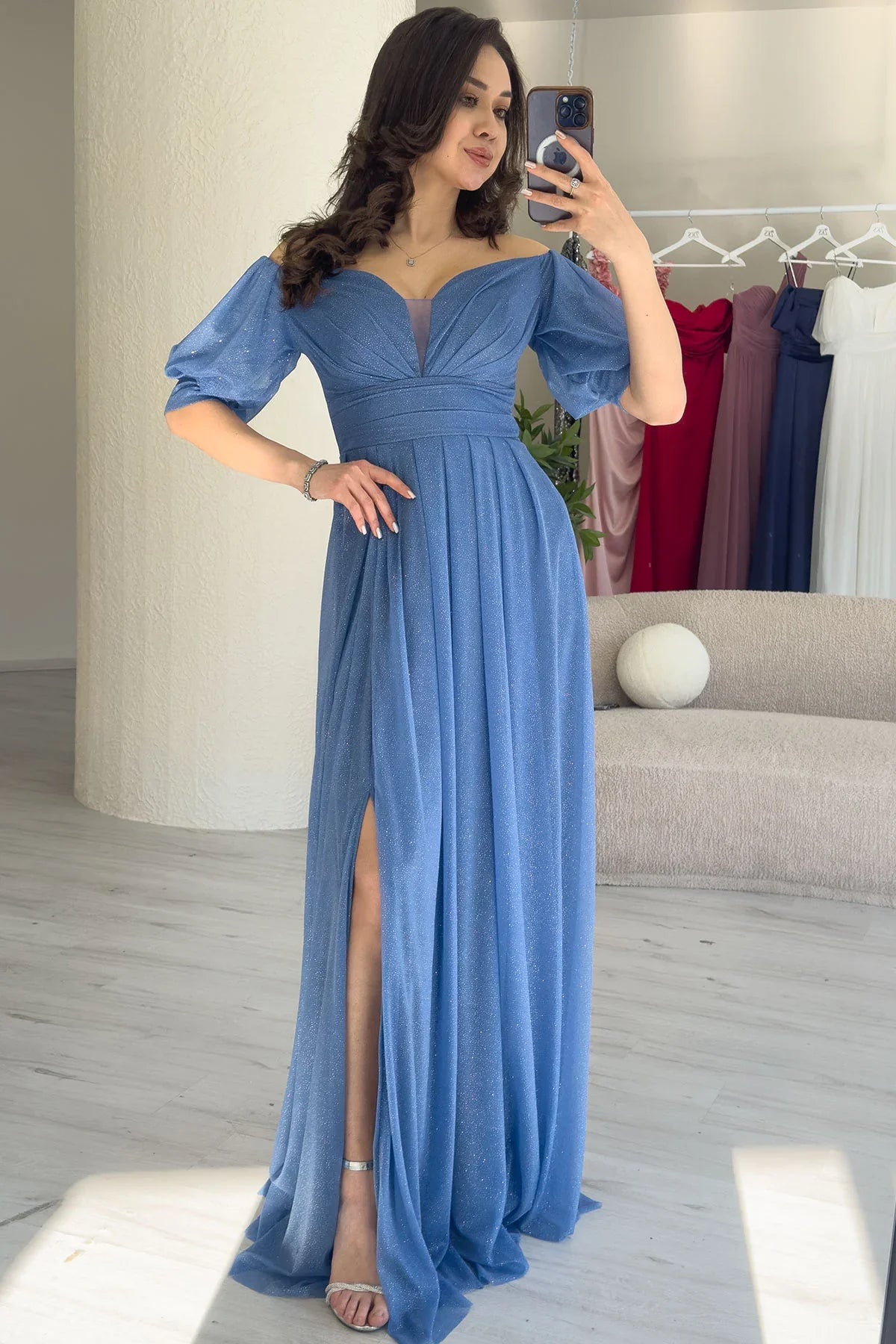 Kadın indigo Kısa Kol Drapeli Abiye Elbise