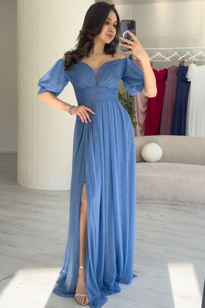 Kadın indigo Kısa Kol Drapeli Abiye Elbise