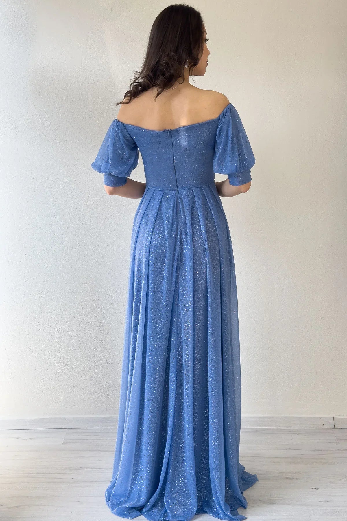 Kadın indigo Kısa Kol Drapeli Abiye Elbise